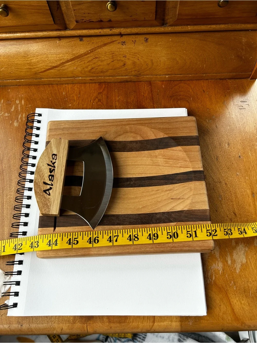 Alaska Wood Handle Mezzaluna Knife with Striped Cutting Board